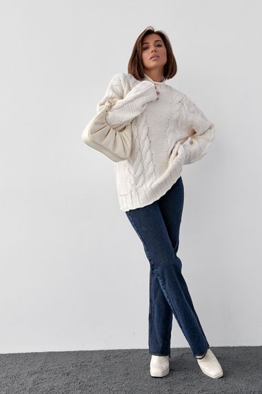 Вязаный свитер с косами oversize - кремовый цвет, L (есть размеры) | Зображення 1