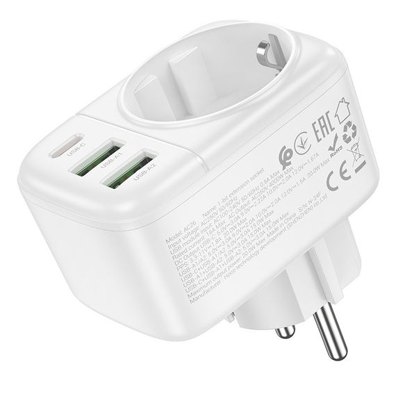 СЗУ Hoco AC26 Changer Outlet Extender 20W (2USB-A/1C/1Socket) | Зображення 2