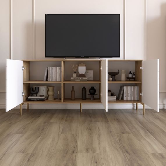 Тумба під телевізор із золотими металевими ніжками LION Амарант 168x40x76,5 см Бетон/Білий (LION-043073) | Зображення 3