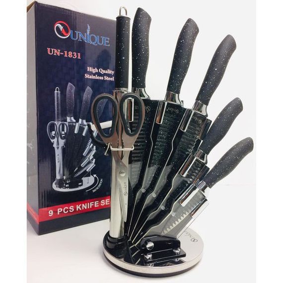 Набор ножей UNIQUE UN-1831, 9 предметов, с подставкой, нержавеющая сталь, с овощечисткой, черный