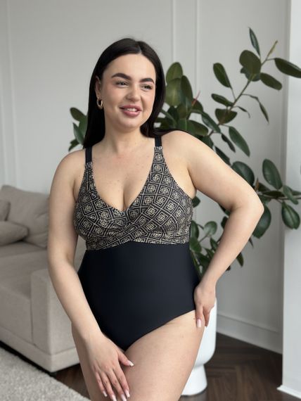 Суцільний чорний купальник з орнаментом plus size | Зображення 3