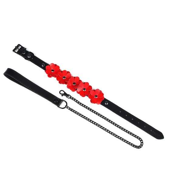 Ошейник с поводком Liebe Seele Flower Rhythm - Black and Red Leather Flowers collar with Leash Sex Aura | Зображення 1