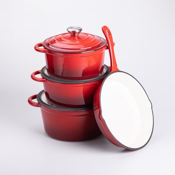 Набор чугунной посуды для приготовления 3 кастрюли и сковорода с эмалированным покрытием Красный | Зображення 1