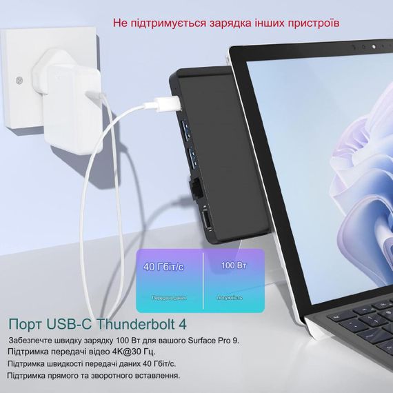 Док-станция Surface Pro 9/X 8 in 2 с адаптером HDMI 4K, USB 3.1 Thunderbolt 4 (видео+40 Гбит/с+зарядка 100 Вт), 100M Ethernet LAN, USB 3.0, устройство для чтения карт SD TF, аудиоконвертер | Зображення 4
