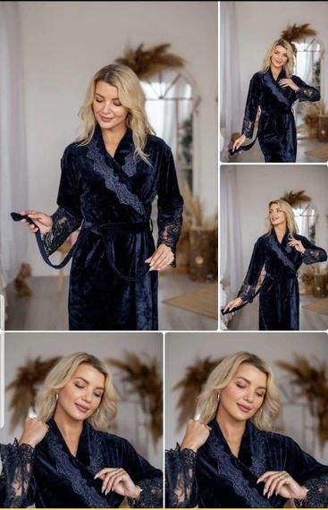 Жіночий халат Nusa 0383 довгий, велюровий з мереживом, темно-синій M | Зображення 2