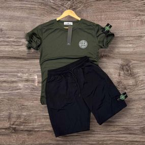 Комплект Футболка та Шорти Stone Island хакі з чорним