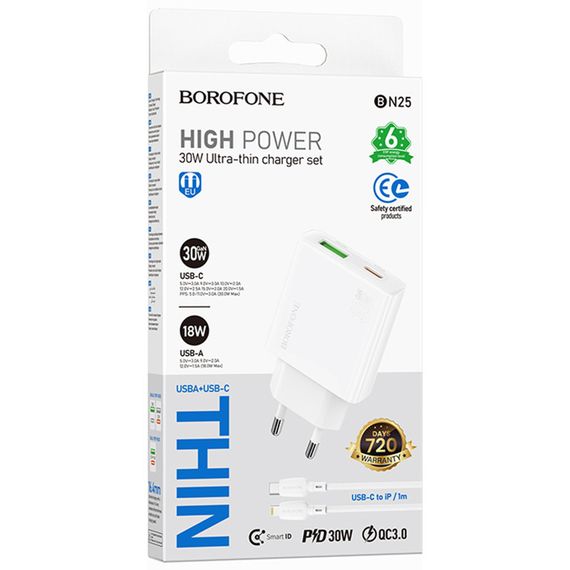 МЗП Borofone BN25 Wish PD30W+QC3.0 (1USB-A/1C) + кабель Type-C to Lightning White | Зображення 1