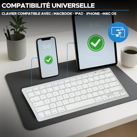 Бездротова клавіатура Bluetooth Bluestork компактна, ультратонка AZERTY, легка тиха міні-клавіатура для Mac, iPad, iPhone біла | Зображення 1