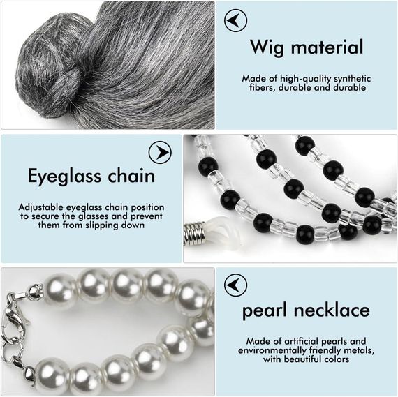 Парик седая бабушка с гулькой комплект для образа на Хэллоуин карнавал корпоратив косплей старая леди с очками | Зображення 2