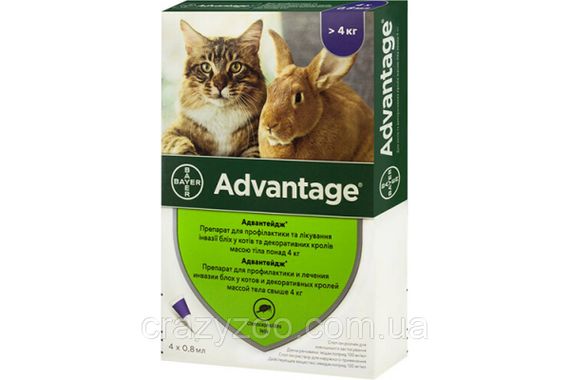 Капли против внешних паразитов для котов и кроликов Elanco Advantage более 4 кг ЦЕНА ЗА 1 ШТ 17072