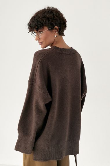 Вільний в'язаний джемпер із розрізами - коричневий цвет, ONE SIZE (є розміри) | Зображення 1