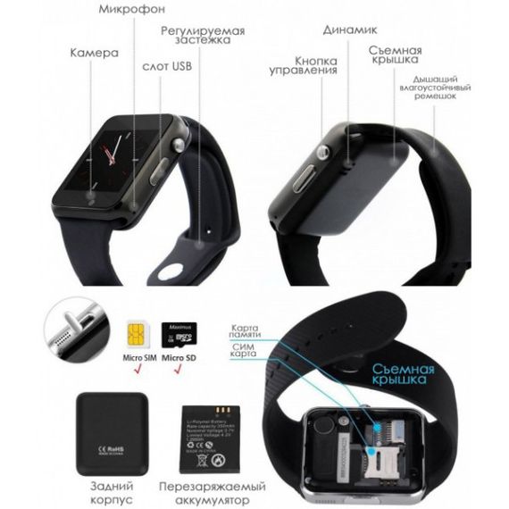 Смарт-часы Smart Watch A1 умные электронные со слотом под sim-карту + карту памяти micro-sd. KF-912 Цвет: черный | Зображення 4