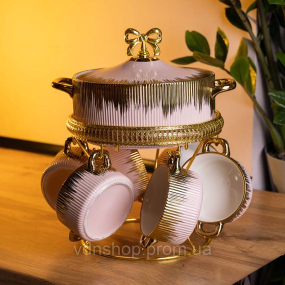 Суповий сервіз на 6 персон супниця 2 (л) на підставці з бульйонницями 400 (мл) тарілки для супу Рожевий з золотом FM-A23-5