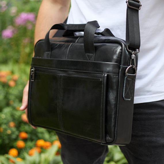 Шкіряна чоловіча сумка-портфель 38х28х8, сумочка для роботи та щоденних справ, чоловічий шопер, чорна | Зображення 5