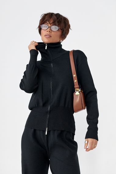 Трикотажний костюм із коротким кардиганом на блискавці та широкими штанами - чорний цвет, ONE SIZE (є розміри) | Зображення 2