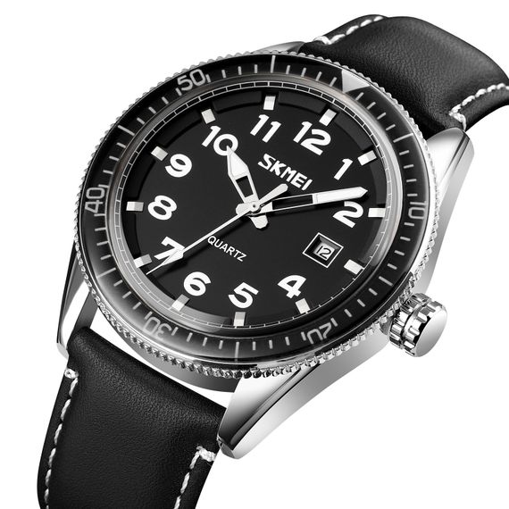 Чоловічий годинник Skmei 9232LSIBK Silver-Black Leather | Зображення 1