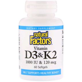Витамин Natural Factors Витамин D3 и К2, Vitamin D3 & K2, 60 Гелевых Капсул (NFS-01292)