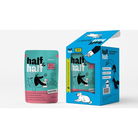 Набір вологих кормів Half and Half "5+1" для дорослих собак, шматочки з яловичиною в соусі, паучі, 6 шт*100 г