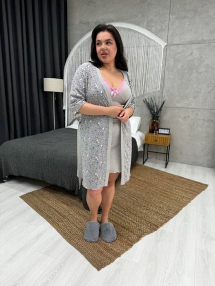 Піжамний сірий комплект: халат + нічна сорочка  PLUS SIZE | Зображення 8