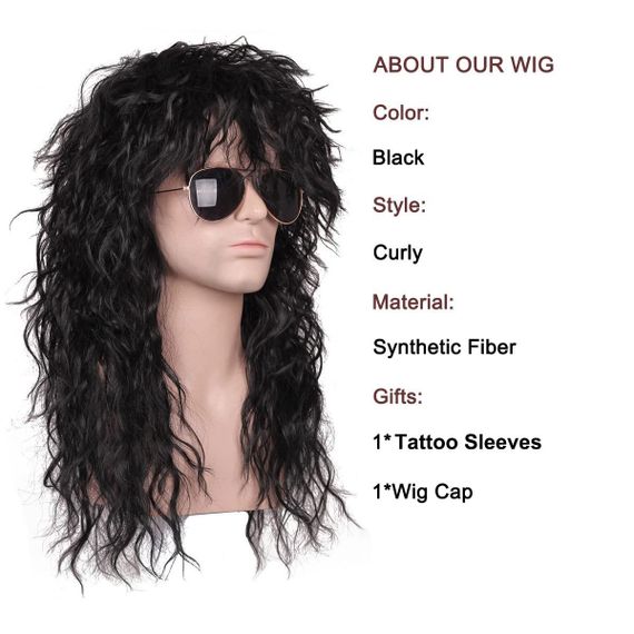 Парик черный кудрявый длинный в стиле рок 80-х, с тату рукавами, для косплей вечеринок смены образа Рок-звезда | Зображення 1
