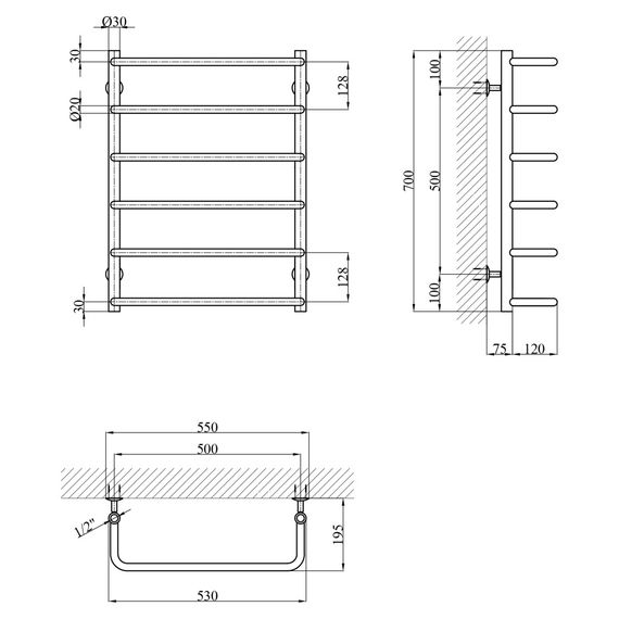 Сушарка для рушників водяна Kroner KRP Stil WT700x500-6 (CV036314) | Зображення 4