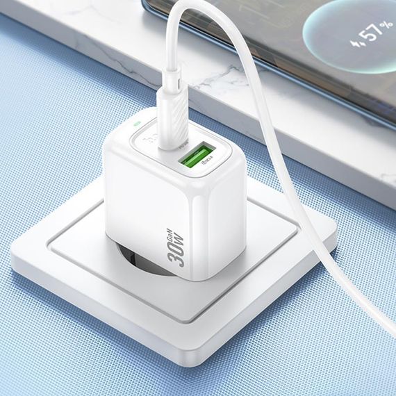 МЗП Hoco CS55A Surplus PD30W+QC3.0 (1USB-A/1C) + кабель Type-C to Type-C White | Зображення 7
