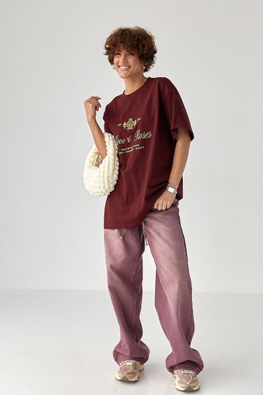 Футболка вільного фасону з вишитими написами - бордо цвет, ONE SIZE (є розміри) | Зображення 2