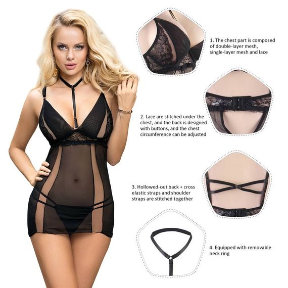 Пеньюар с трусиками Star Night на бретельках, черный, XS-S sexstyle | Зображення 3