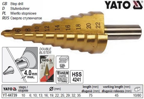 Свердло конічне ступінчасте титан по металу 6-35 мм YATO YT-44739