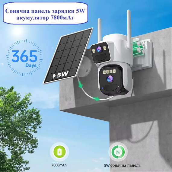 Поворотная WiFi камера 2 линзы 4к / Видеокамера с солнечной панелью 8mp | Зображення 1