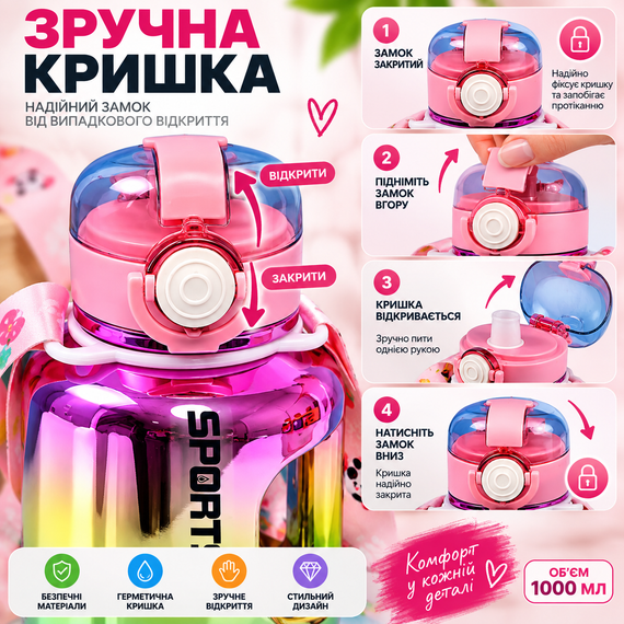 Бутылка для воды SPORTS «Pink Mirror» 1000 мл — зеркальная светоотражающая спортивная фляга 1 л, розовая | Зображення 2