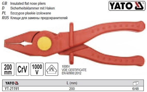 Плоскогубці ізольовані YATO Польща l=200 мм VDE 1000В YT-21191