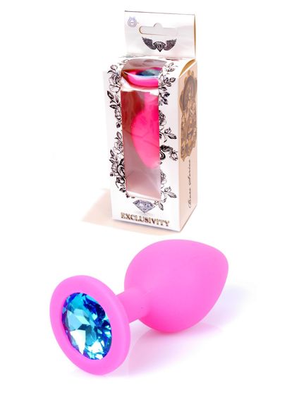 Анальна пробка з блакитним кристалом Plug-Jewellery Pink Silicon PLUG Medium-Light Blue Diamond