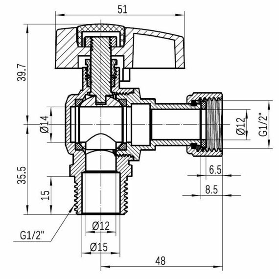 Кран кульовий Thermo Alliance Standart 1/2" ВН кутовий, PN40, з накидною гайкою TAS224W15 | Зображення 1