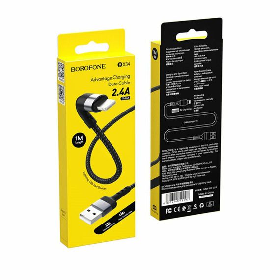 Кабель BOROFONE BX34 USB to iP 2.4A, 1m, nylon, aluminum connectors, Black | Зображення 3