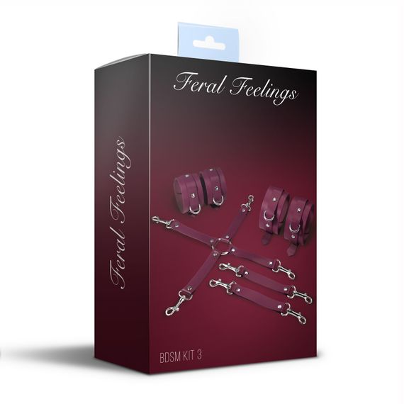 Набір для БДСМ 3 в 1 Feral Feelings BDSM Kit 3 Burgundy, burgundy, наручники, поножі, хрестовина | Зображення 1