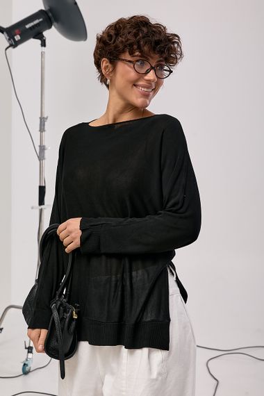 Прозорий вільний лонг із горловиною-човником - чорний цвет, ONE SIZE (є розміри)