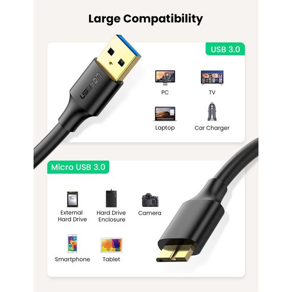 Дата кабель USB 3.0 AM to Micro B 1.0m US130 black Ugreen (10841) | Зображення 1