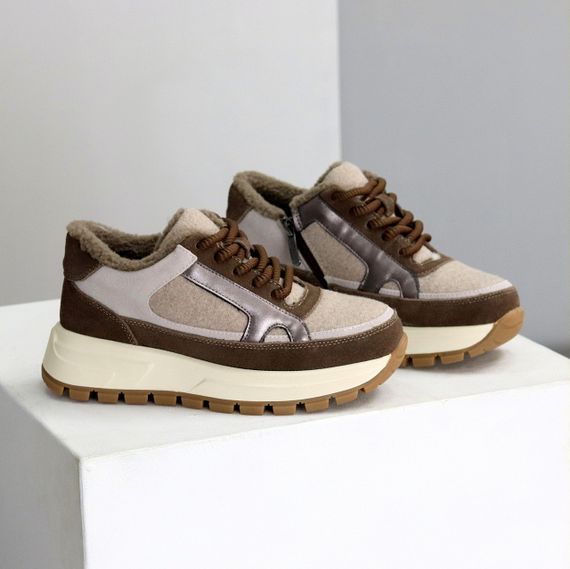 Дизайнерські комбіновані фетрові зимові кавово-бежеві кросівки | Зображення 6