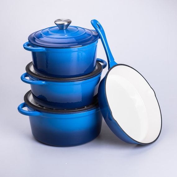 Набір чавунного посуду для приготування 3 каструлі та сковорода з емальованим покриттям Синій