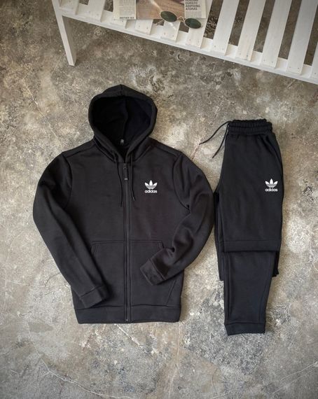 Зимовий спортивний костюм Adidas з начосом чорна кофта на змійці+ чорні штани RD269/RD024 | Зображення 1