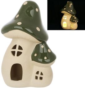 Керамічний будиночок з LED-підсвіткою "Гриб" 20см, бежевий із зеленим