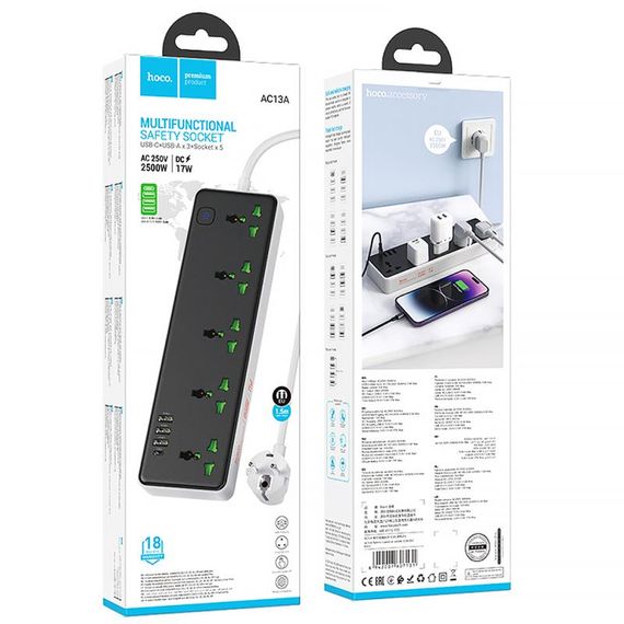 Удлинитель Hoco AC13A Safety Socket (3USB-A/1C/5xSocket) (1.5m) Black | Зображення 3