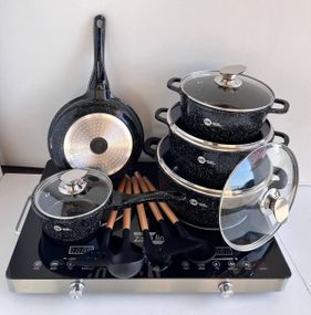 Набір посуду Higher Kitchen HK-305 17 предметів з кришками з гранітним покриттям | каструлі | ківш | сковорода