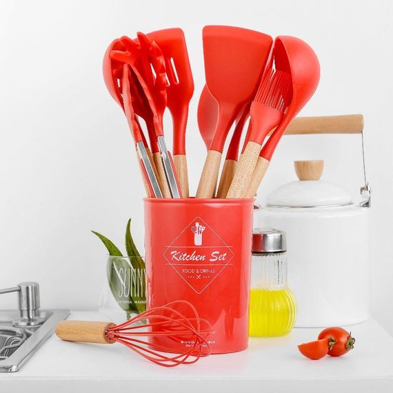 Силиконовый кухонный набор принадлежностей Kitchen Set 12 предметов (дерево+силикон) | Зображення 2