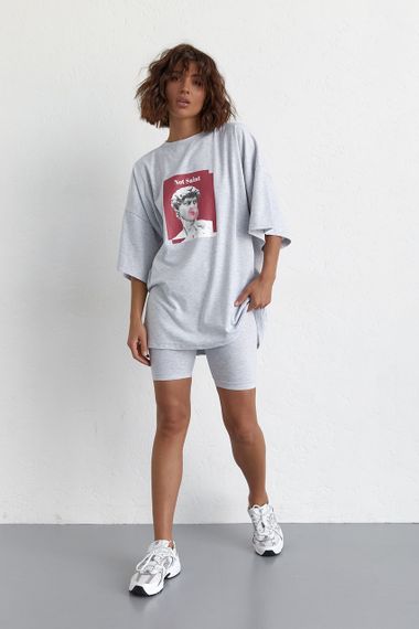 Женский костюм с футболкой oversize и велосипедками - светло-серый цвет, L (есть размеры)