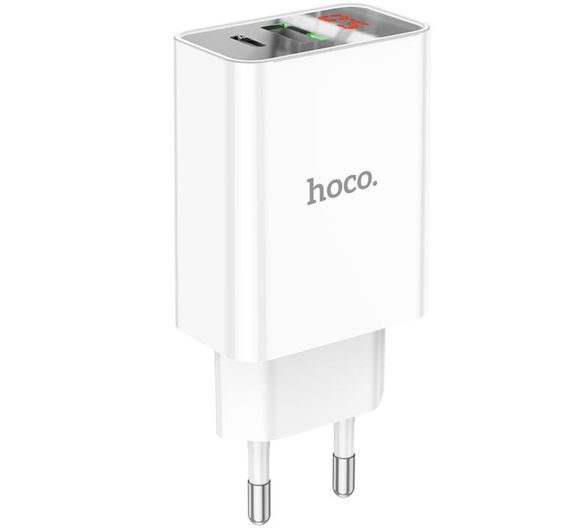 Зарядное устройство Hoco C100A USB QC3.0 / Type-C (PD) 20W быстрая зарядка с дисплеем - White | Зображення 1