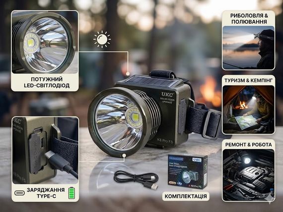 Налобный фонарик K 8 pro / Налобный фонарь UKC K8 Pro FS / LED аккумуляторный фонарь | Зображення 1