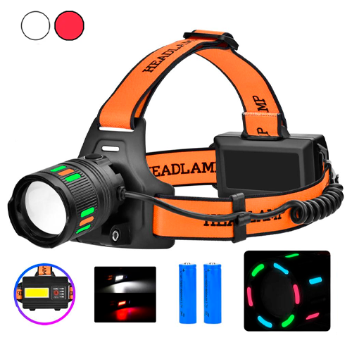 Налобный фонарь с флуоресцентной окраской BL-T203,  светодиод TG+CO, zoom, 2 АКБ 18650 , Рower Вank, ЗУ Type-C