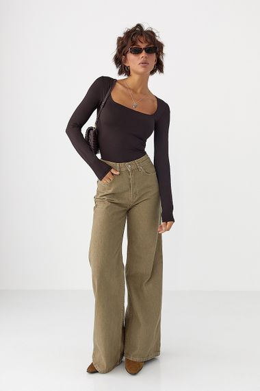 Еластичне боді з довгими рукавами - темно-коричневий цвет, L (є розміри) | Зображення 2